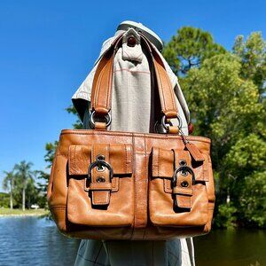 COACH Vintage Soho Double Pocket Buckle Med Shoulder Tote Y2K British Tan F08A09